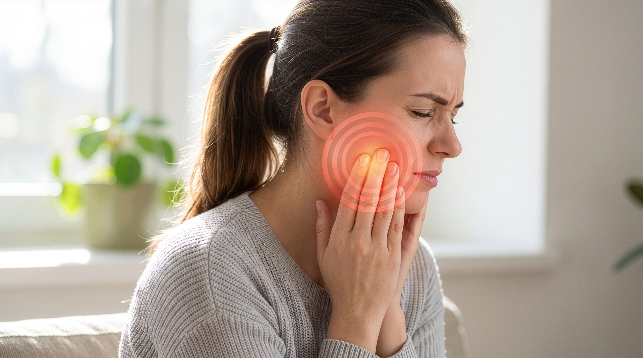 Young woman suffering from severe toothache or jaw pain touching her cheek with an illuminated red circle highlighting the discomfort area - Kembla St Dental