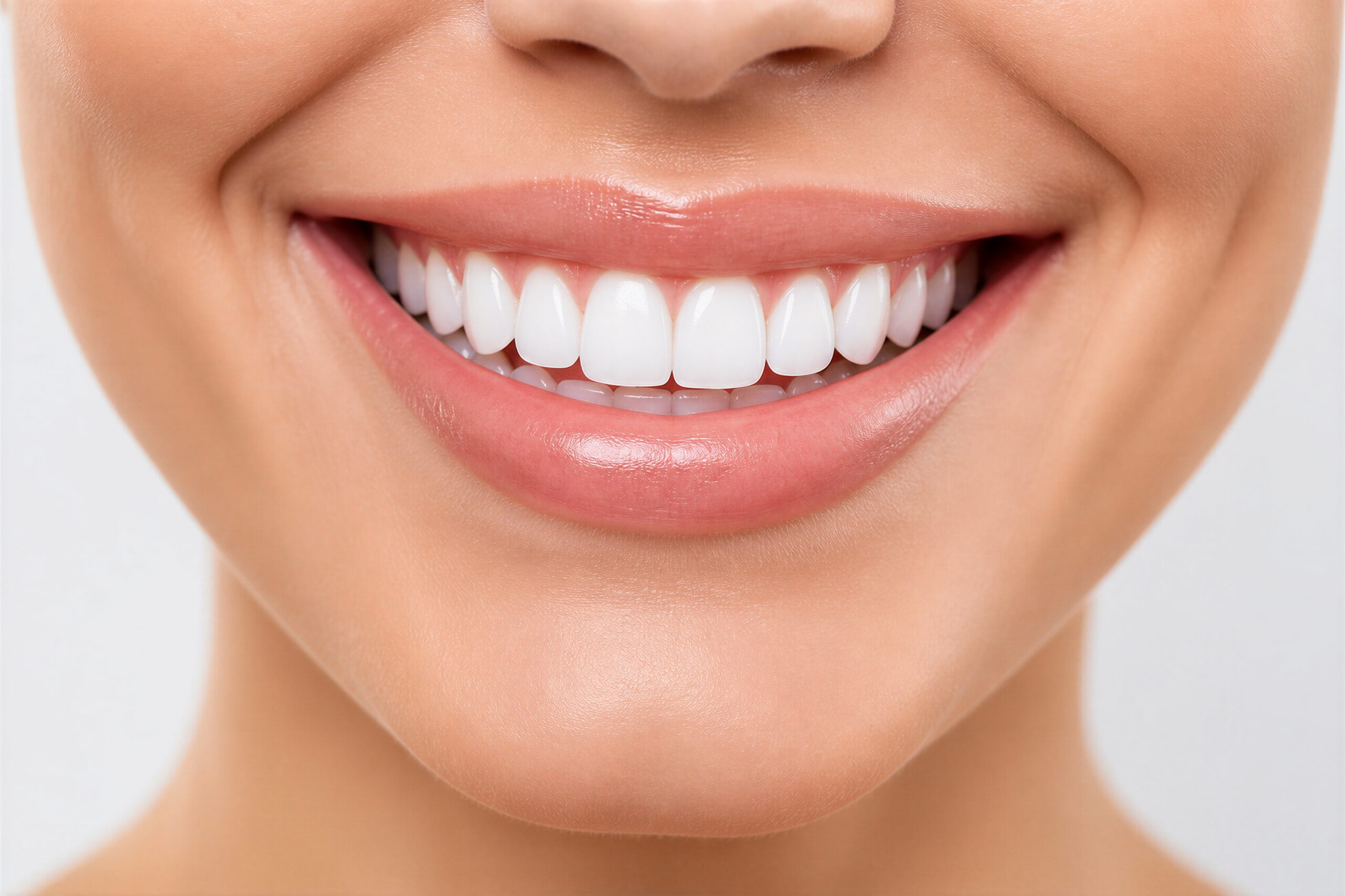 Closeup of smiling mouth showing white teeth and healthy gums - Kembla St Dental